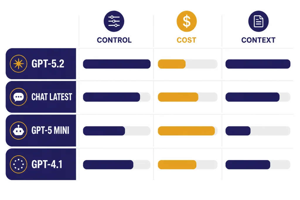Comparison chart with API writing options including GPT-5.5, GPT-5.3 chat latest, GPT-5.4 mini, and GPT-4.1 for extreme context.