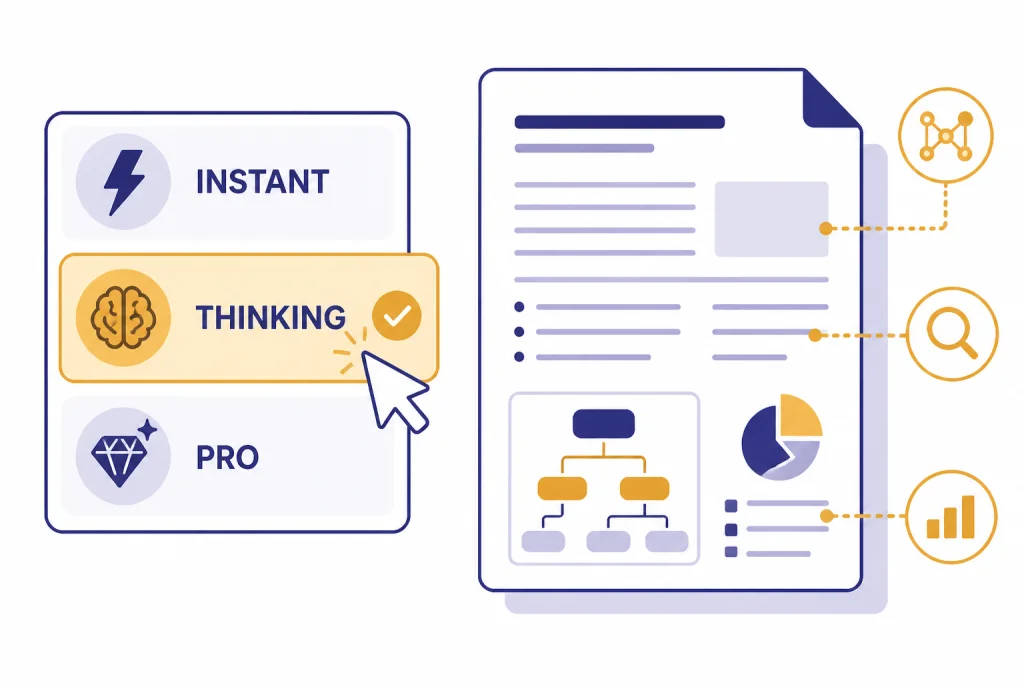 Model picker panel with options labeled INSTANT, THINKING, and PRO, with a cursor selecting THINKING.