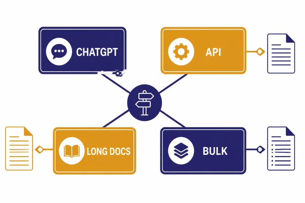 Decision matrix with tiles labeled CHATGPT, API, LONG DOCS, and BULK connected to document icons.
