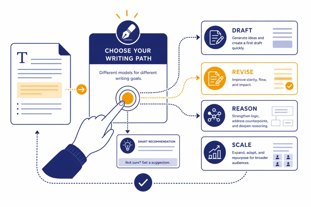 Writing Model Selector Model selector dashboard with four cards labeled DRAFT, REVISE, REASON, and SCALE connected to a document.
