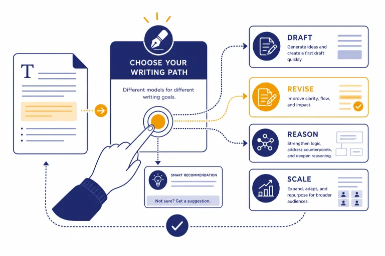Model selector dashboard with four cards labeled DRAFT, REVISE, REASON, and SCALE connected to a document.