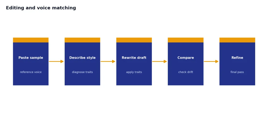 Process with 5 stages: Paste sample, Describe style, Rewrite draft, Compare, and Refine.