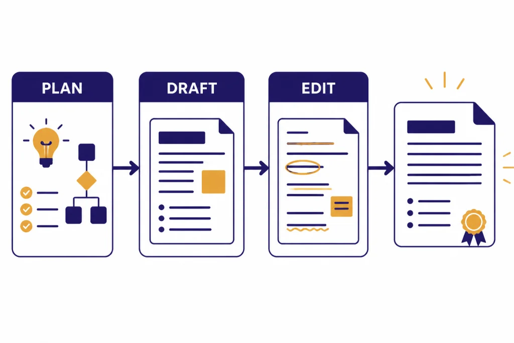 Three-stage editorial pipeline labeled PLAN, DRAFT, and EDIT leading to a polished document icon.