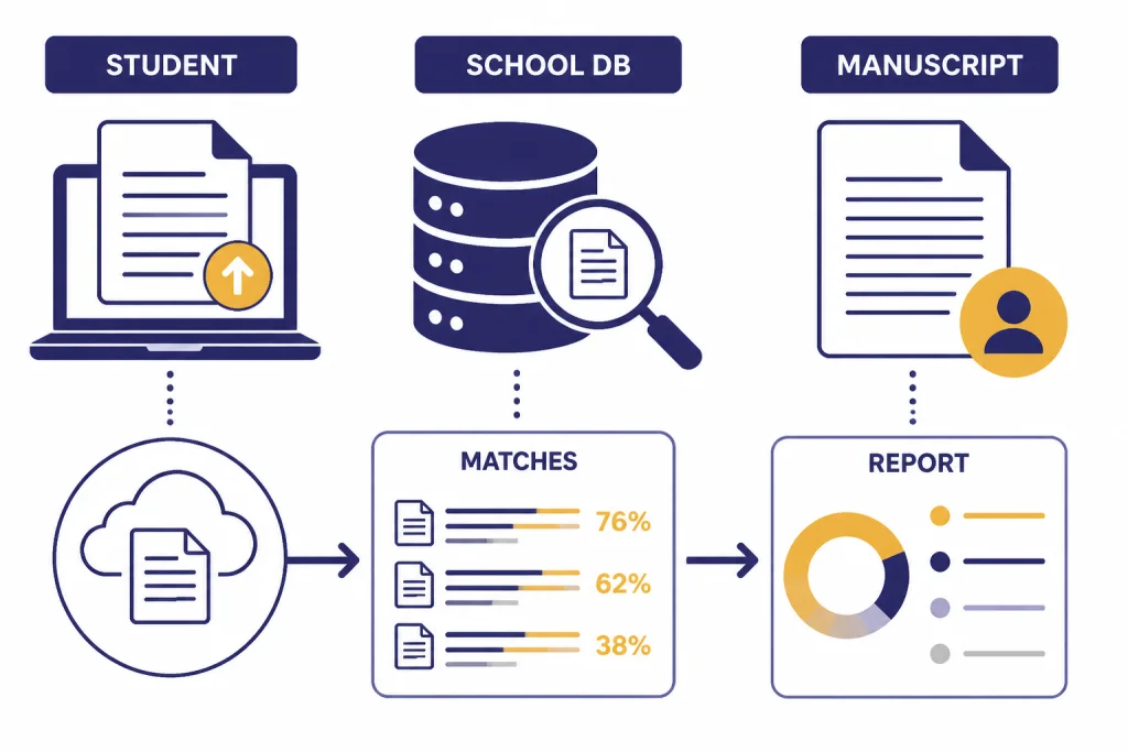 Three academic workflows labeled STUDENT, SCHOOL DB, MANUSCRIPT, MATCHES, and REPORT.