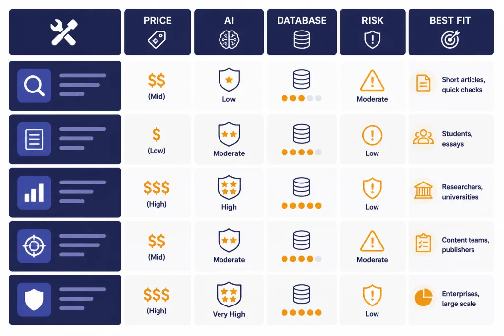 Comparison matrix with column labels PRICE, AI, DATABASE, RISK, and BEST FIT above tool rows.