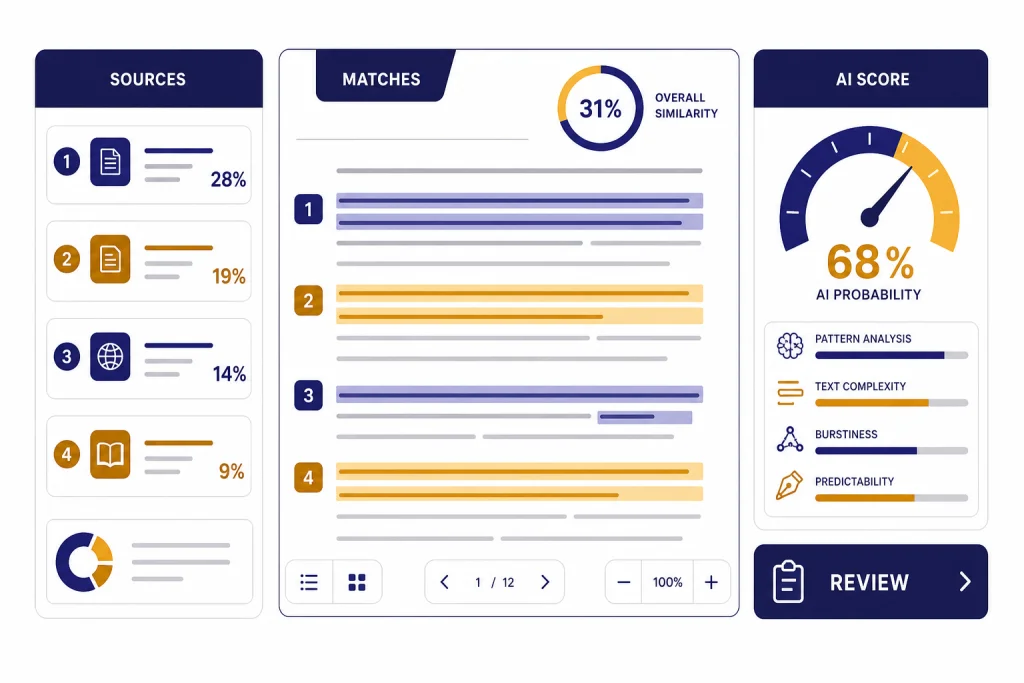 Plagiarism Checker Dashboard Document dashboard with labels MATCHES, SOURCES, AI SCORE, and REVIEW around highlighted text bands.