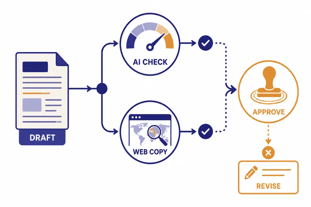 Publishing pipeline labeled DRAFT, AI CHECK, WEB COPY, APPROVE, and REVISE.