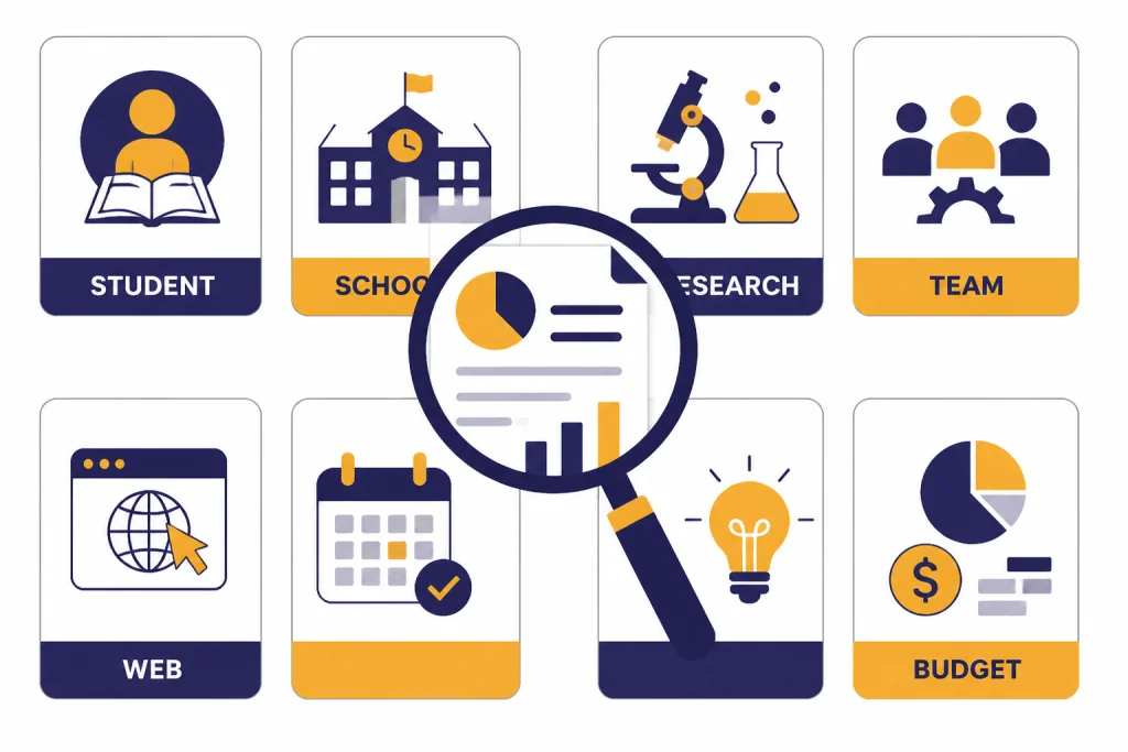 Checker Use Case Grid Checker cards labeled STUDENT, SCHOOL, RESEARCH, TEAM, WEB, and BUDGET around a document magnifier.