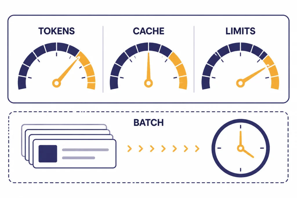 Dashboard with gauges labeled TOKENS, CACHE, LIMITS, and a request tray labeled BATCH.