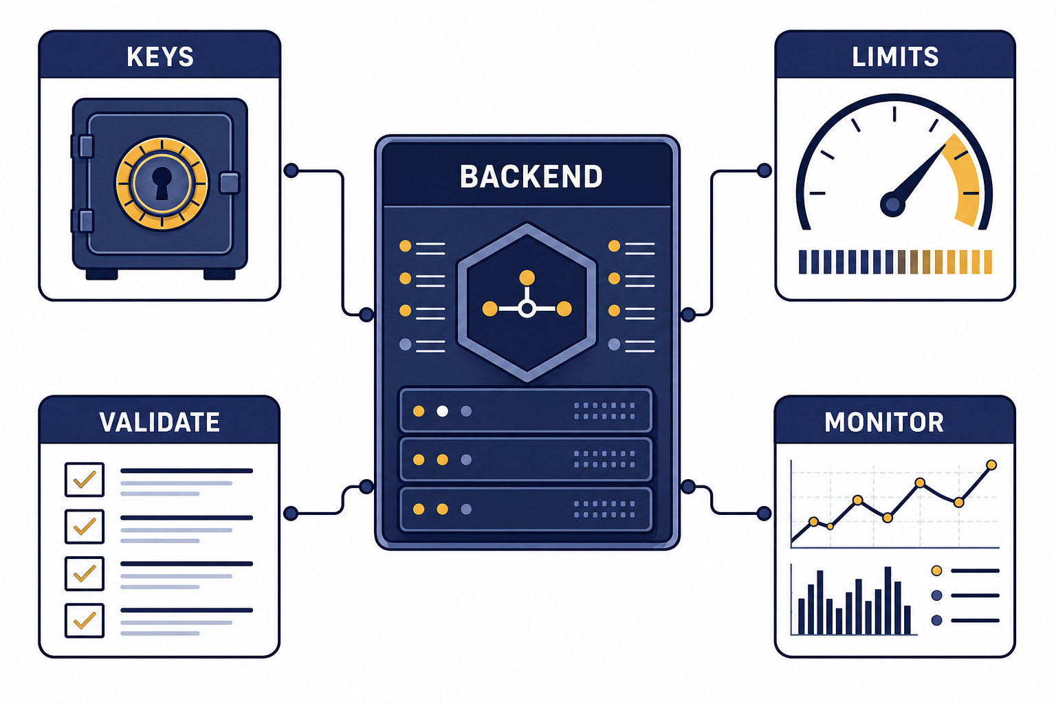 Backend gateway connected to modules labeled KEYS, LIMITS, VALIDATE, and MONITOR.
