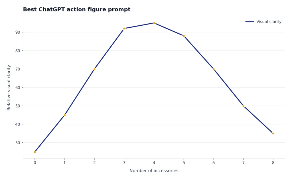 Line peaks at 3-4 accessories: visual clarity scores 25,45,70,92,95,88,70,50,35 from 0-8 props.