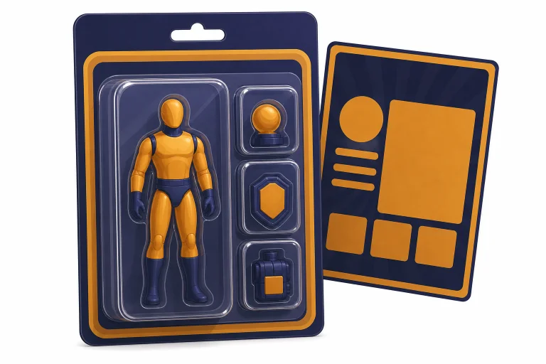 Toy blister package with a figure, three accessory compartments, and a prompt card behind it