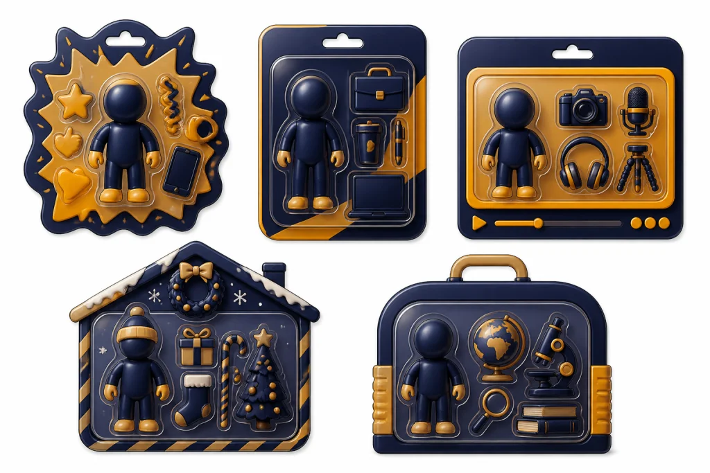Style matrix with five toy package silhouettes and different accessory clusters