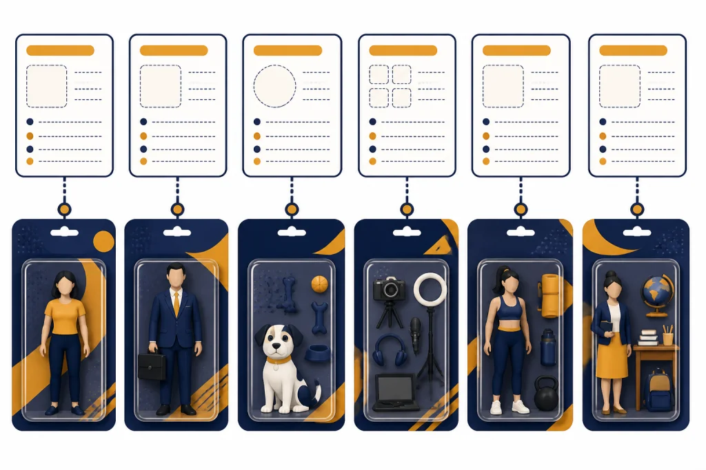 Grid of prompt cards connected to classic, professional, pet, creator, fitness, and classroom toy packages