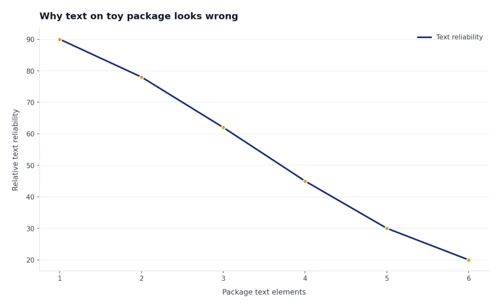 Line: relative text reliability drops from 90 to 20 as package text elements rise from 1 to 6.