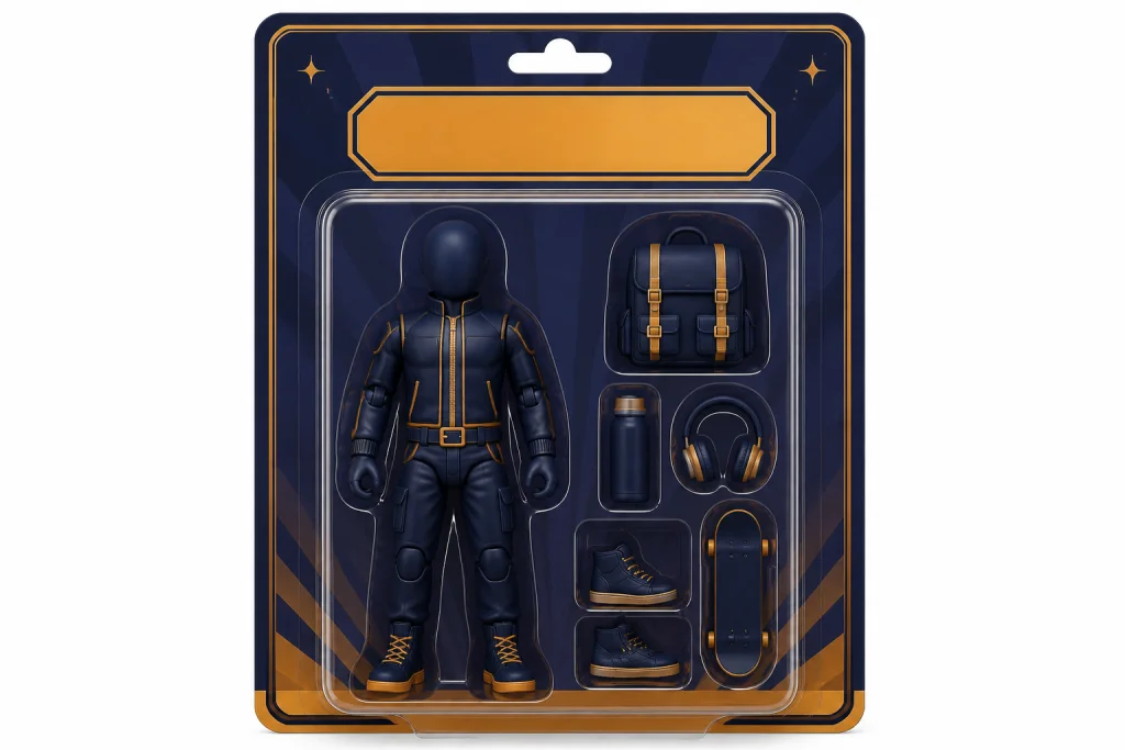 Viral Toy Box Layout Clear toy blister package with figure, prop slots, blank nameplate area, and backing card