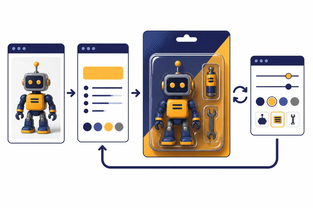 Action Figure Workflow Workflow with photo card, prompt card, toy package result, and edit loop arrow