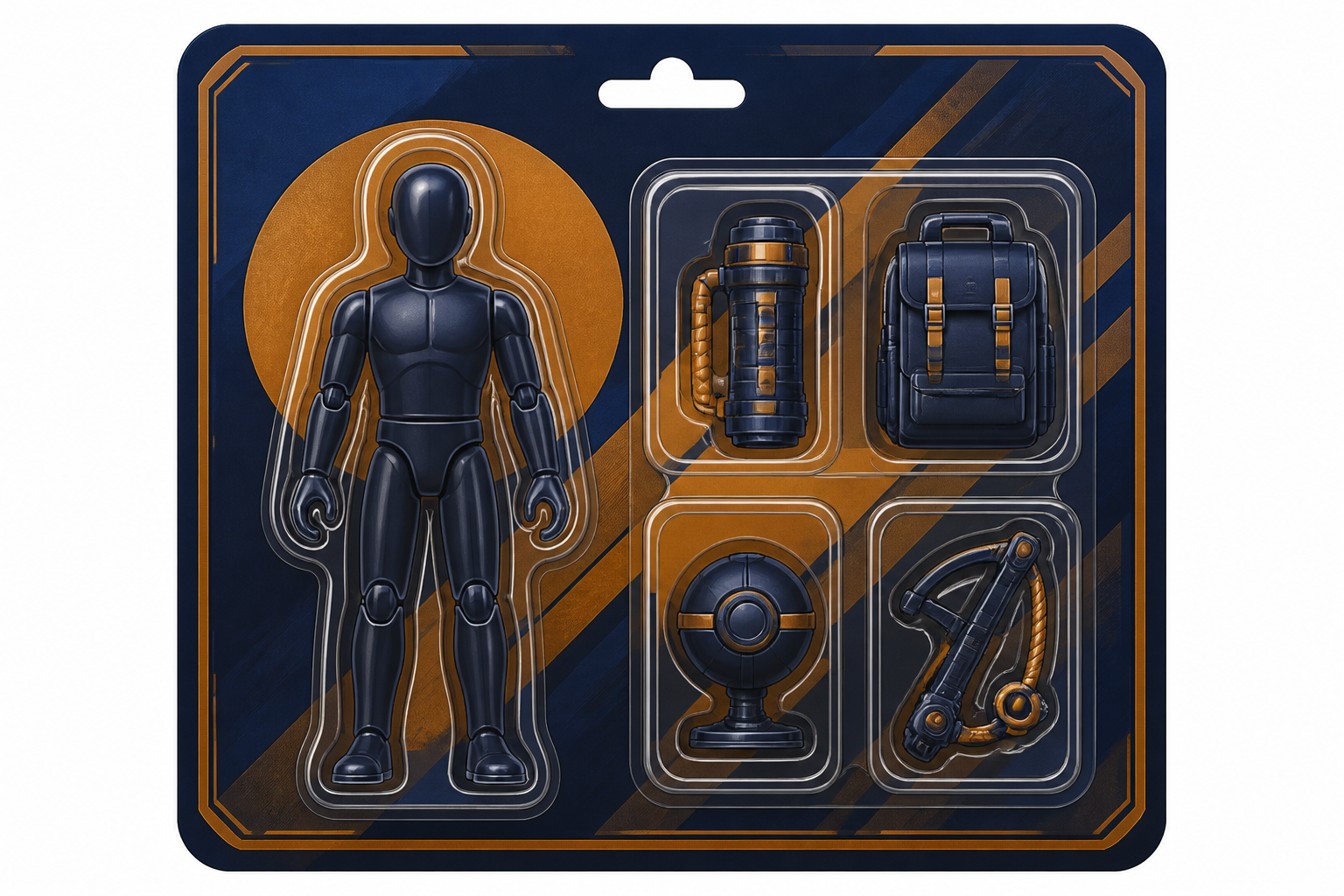 Blister Pack Anatomy Blister-pack collectible layout with one figure and four accessory compartments.
