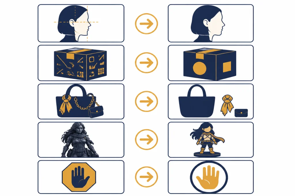 Action Figure Fixes Five-panel troubleshooting grid for face match, text, accessories, realism, and refusal issues.