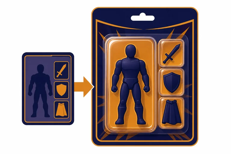 Blister-pack toy figure with three accessory compartments and a prompt card feeding into it.