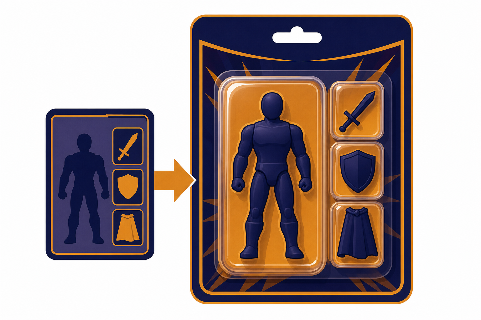Action Figure Prompt Package Blister-pack toy figure with three accessory compartments and a prompt card feeding into it.