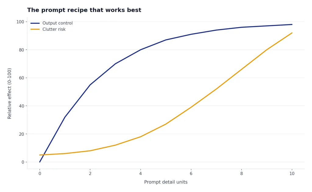 The Prompt Recipe That Works Best Line chart with Output control flattening near 98 and Clutter risk rising from 5 to 92 as prompt detail increases.