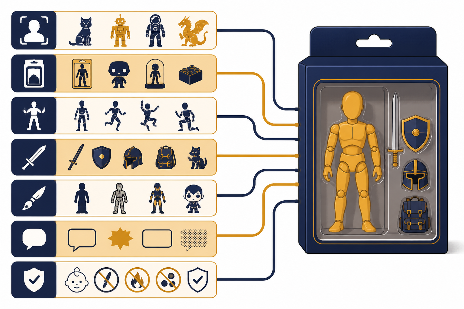 Prompt Recipe Stack Seven prompt ingredient bars flowing into a boxed toy mockup.