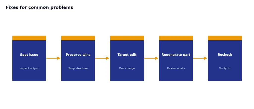 Fixes For Common Problems Five-step process: Spot issue, Preserve wins, Target edit, Regenerate part, Recheck.