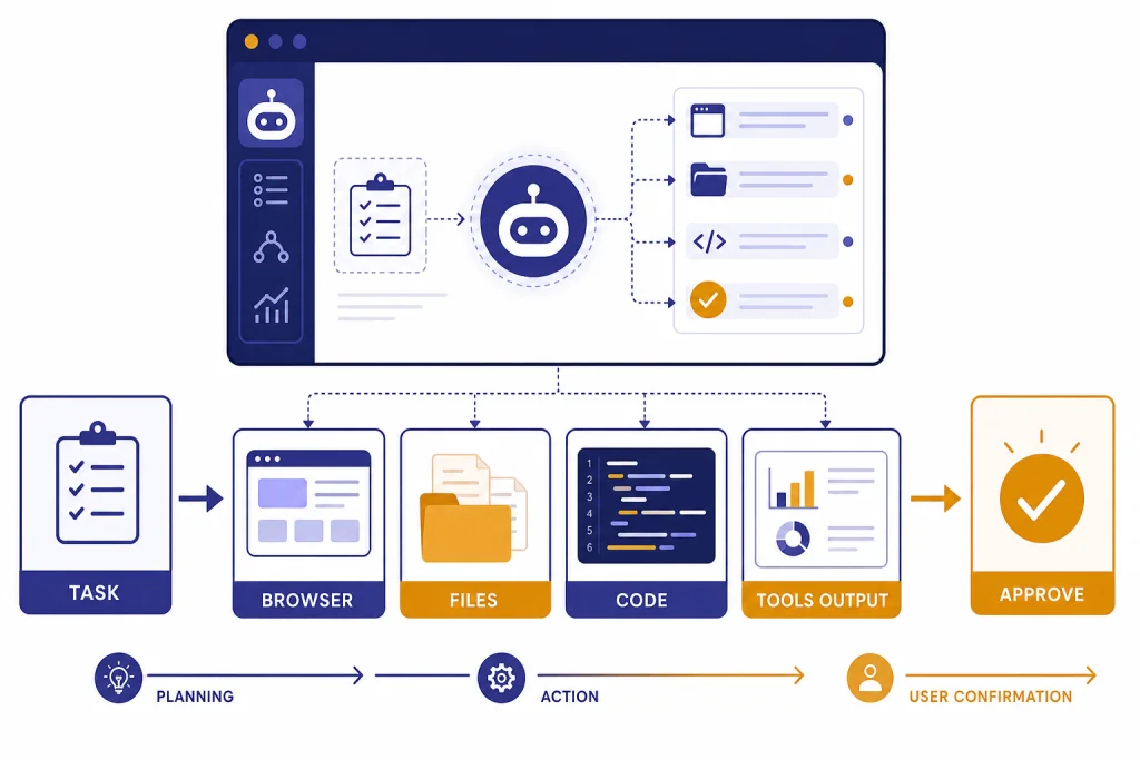 Agent Mode Workflow Virtual computer workflow labeled TASK, BROWSER, FILES, CODE, and APPROVE with arrows to a checkpoint.