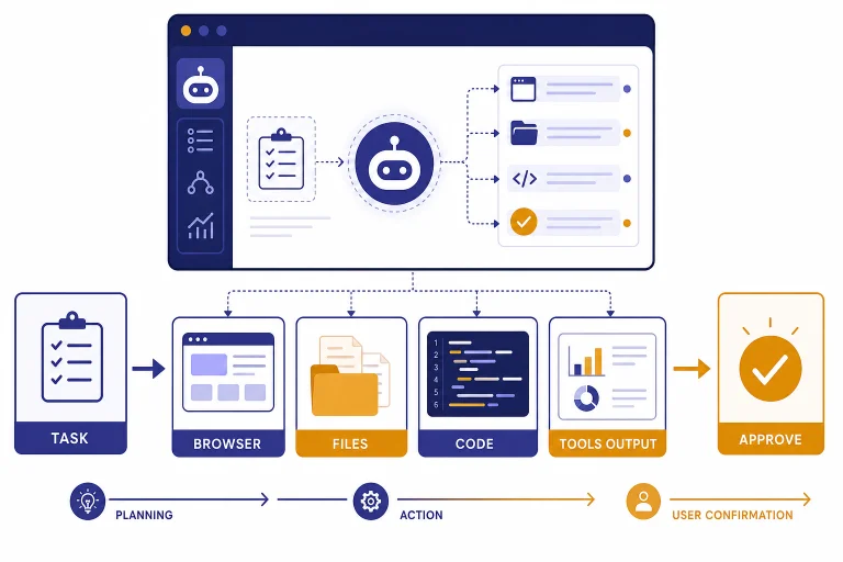 Virtual computer workflow labeled TASK, BROWSER, FILES, CODE, and APPROVE with arrows to a checkpoint.