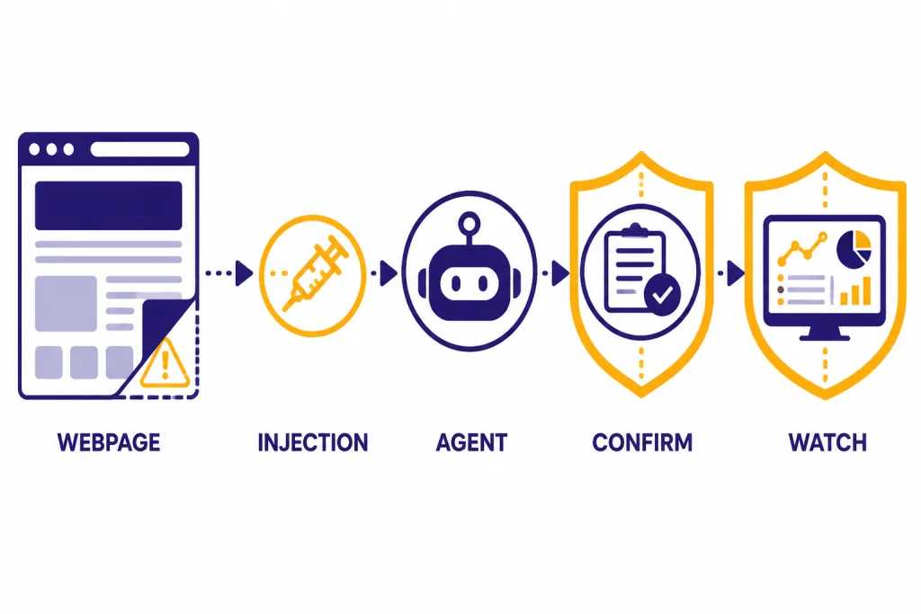 Prompt Injection Safeguards Safety flow labeled WEBPAGE, INJECTION, AGENT, CONFIRM, and WATCH with shields at the final gates.