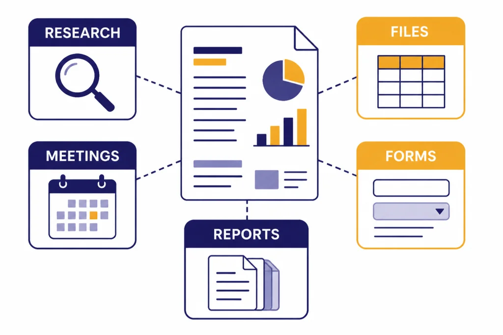 Use-case matrix with tiles labeled RESEARCH, FILES, MEETINGS, FORMS, and REPORTS around a report sheet.