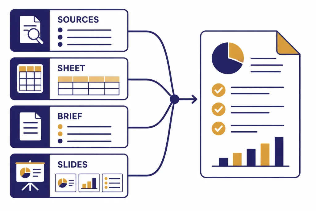 Workflow board with task cards labeled SOURCES, SHEET, BRIEF, and SLIDES feeding into a completed document.