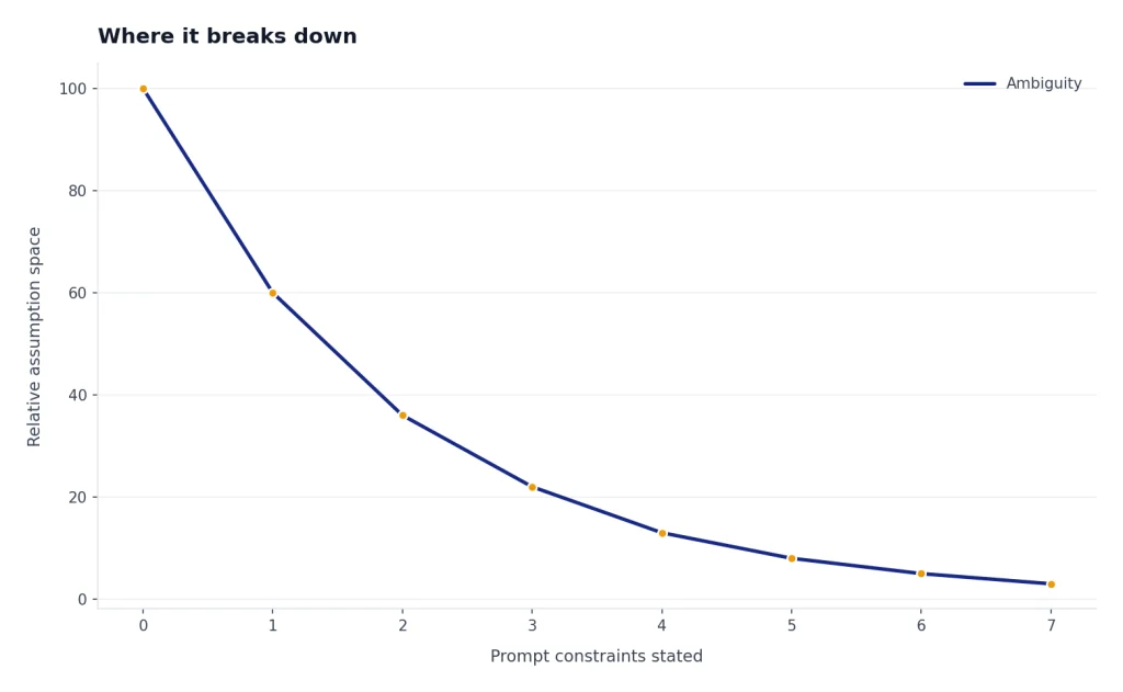 Line chart: Ambiguity falls from 100 to 3 as prompt constraints increase from 0 to 7.