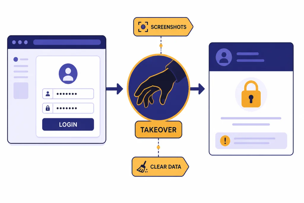 Security flow with labels LOGIN, TAKEOVER, SCREENSHOTS, and CLEAR DATA around a virtual browser and locked account.
