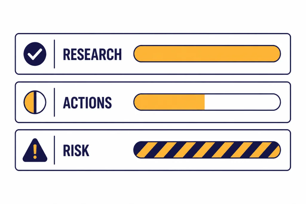 Agent Verdict Scorecard Verdict scorecard with rows labeled RESEARCH, ACTIONS, and RISK, showing strong, mixed, and caution bars.