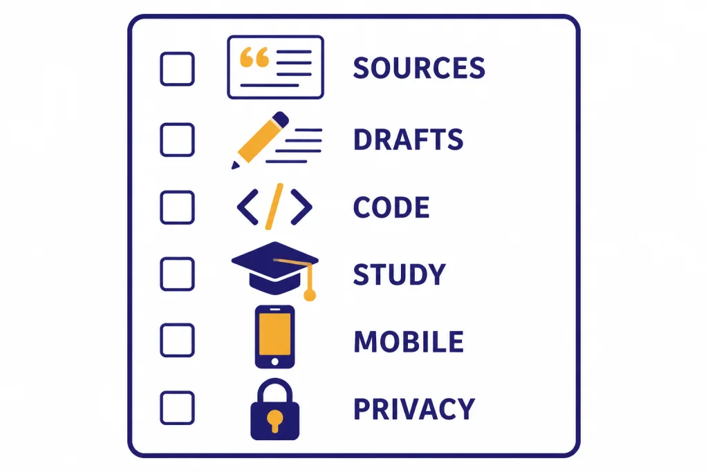 Checklist with six boxes labeled SOURCES, DRAFTS, CODE, STUDY, MOBILE, and PRIVACY.