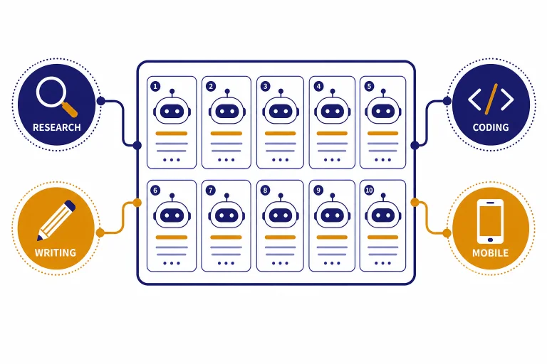 Decision board with ten chatbot cards connected to labels RESEARCH, WRITING, CODING, and MOBILE.