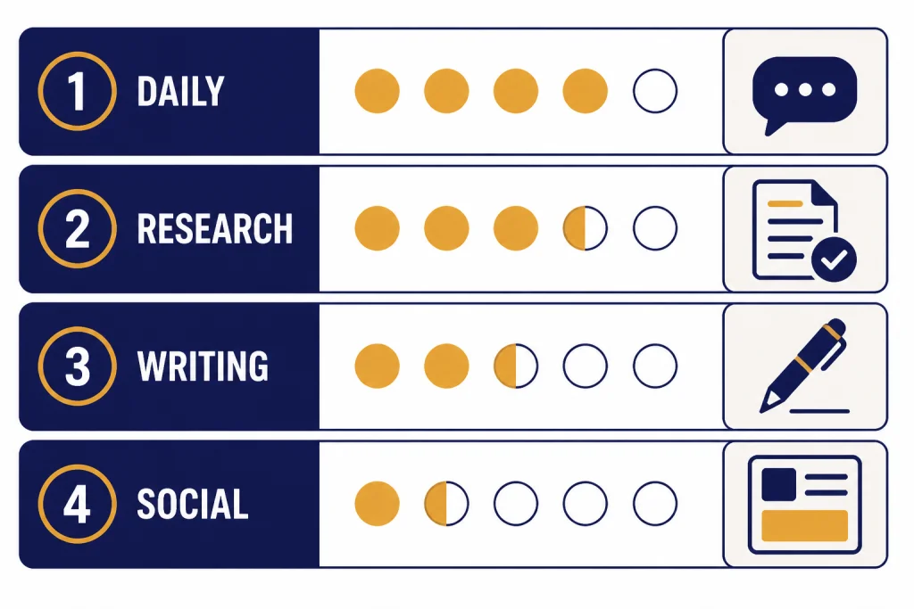 Ranked matrix with four rows labeled DAILY, RESEARCH, WRITING, and SOCIAL, each with a task icon.