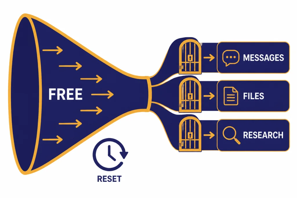 Free Plan Quota Funnel Quota funnel labeled FREE narrowing through gates labeled MESSAGES, FILES, RESEARCH, with RESET clock.
