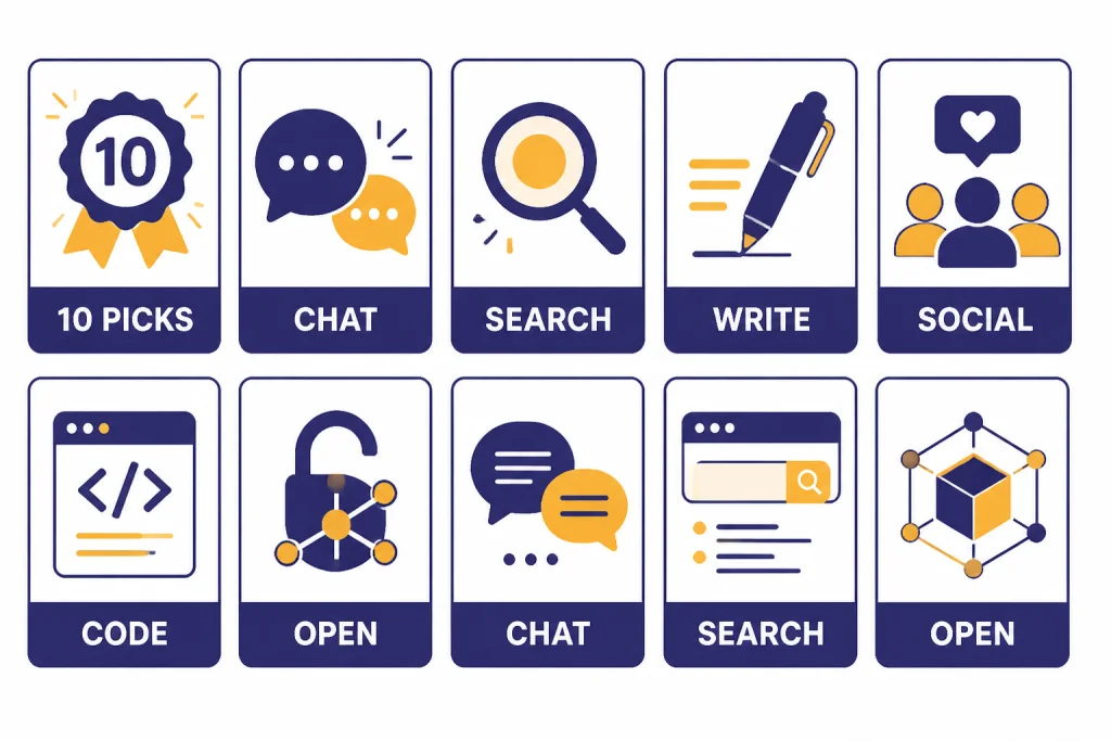 Ten comparison cards with labels 10 PICKS, SEARCH, WRITE, CODE, OPEN, and SOCIAL.