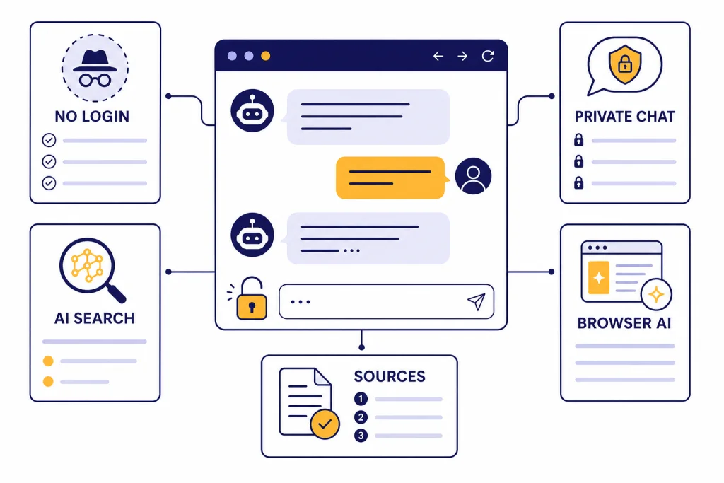No-Login AI Options Browser chat window with unlocked padlock and cards labeled NO LOGIN, PRIVATE CHAT, AI SEARCH, BROWSER AI, SOURCES.