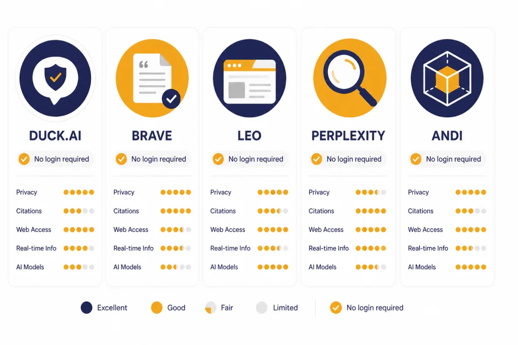 Quick Picks Card Grid Five no-login AI cards labeled DUCK.AI, BRAVE, LEO, PERPLEXITY, ANDI with checkmarks and feature dots.