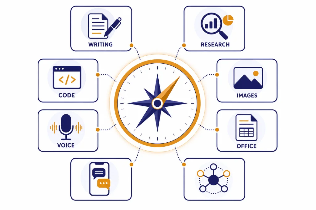 ChatGPT Alternatives Dashboard Dashboard with assistant cards labeled WRITING, RESEARCH, CODE, IMAGES, VOICE, and OFFICE around a compass.