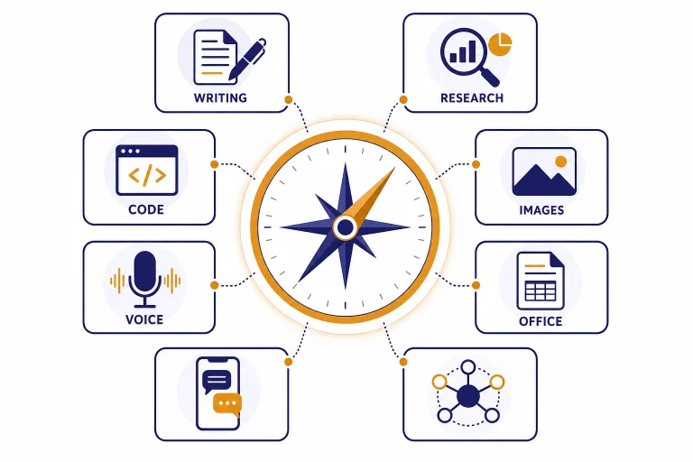 Dashboard with assistant cards labeled WRITING, RESEARCH, CODE, IMAGES, VOICE, and OFFICE around a compass.