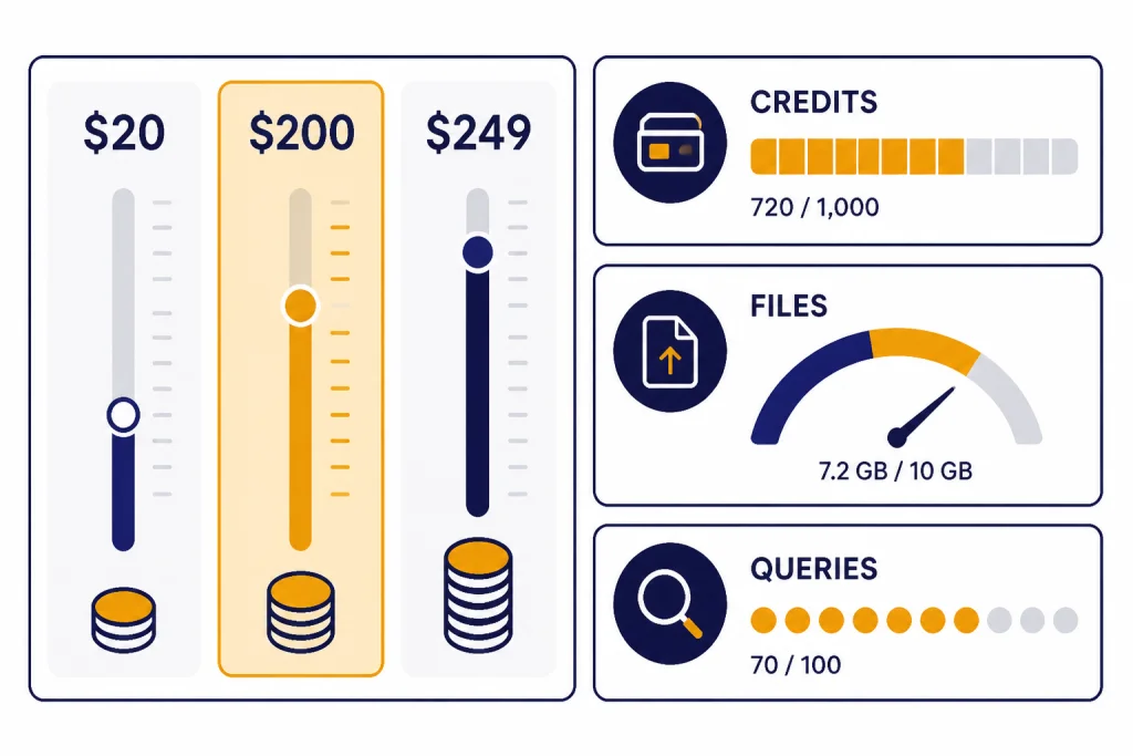 Pricing panel with bars labeled $20, $200, $249 and meters labeled CREDITS, FILES, and QUERIES.