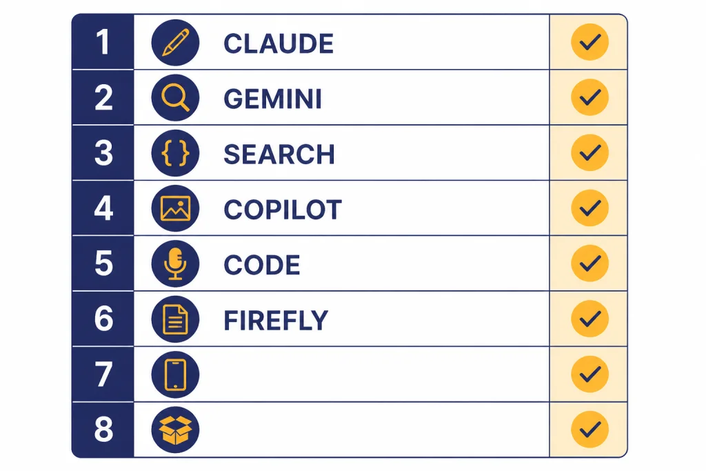 Best Alternatives Shortlist Ranked shortlist board with rows labeled CLAUDE, GEMINI, SEARCH, COPILOT, CODE, and FIREFLY.