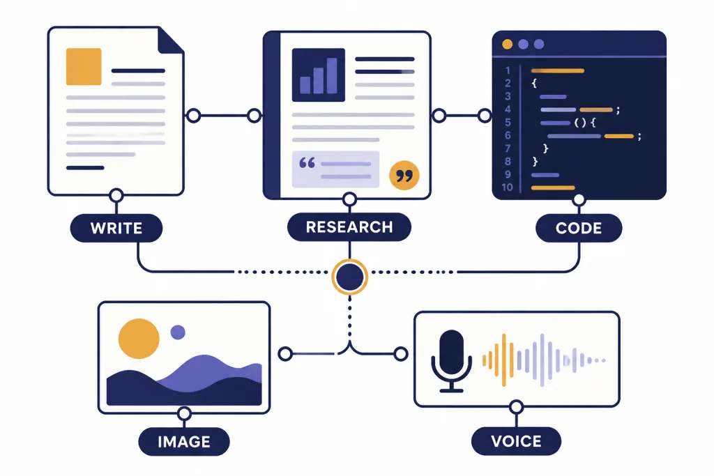 Use-case map with stations labeled WRITE, RESEARCH, CODE, IMAGE, and VOICE connected in a workflow.