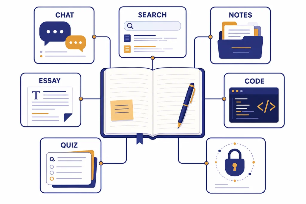 Student AI Toolkit Overview Student AI toolkit dashboard with cards labeled CHAT, SEARCH, NOTES, ESSAY, CODE, and QUIZ around a notebook.