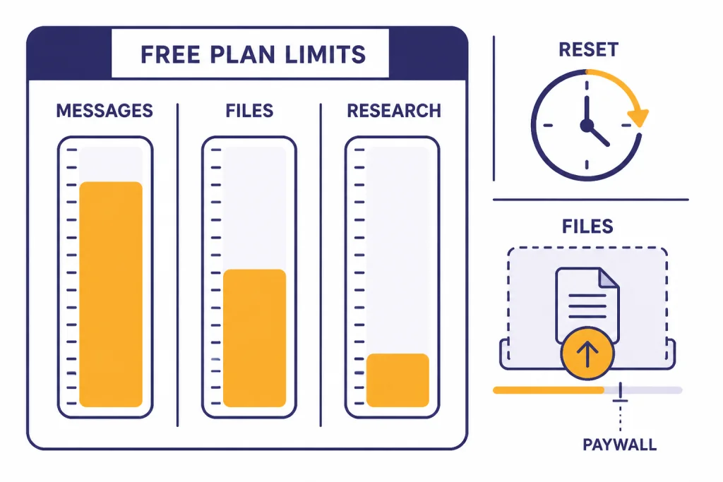 Free Plan Limit Meters Limits dashboard with meters labeled MESSAGES, FILES, RESEARCH, plus RESET clock and PAYWALL marker.